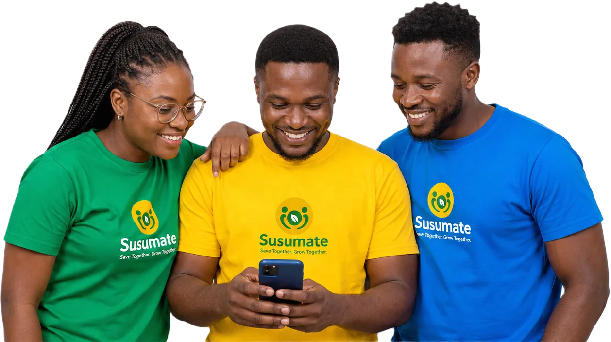 Three friends looking at their SusuMate savings group on a phone
